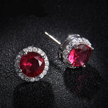 Round Sapphire Blue Red Stud Earrings AAA Zircon Inlaid Jewelry