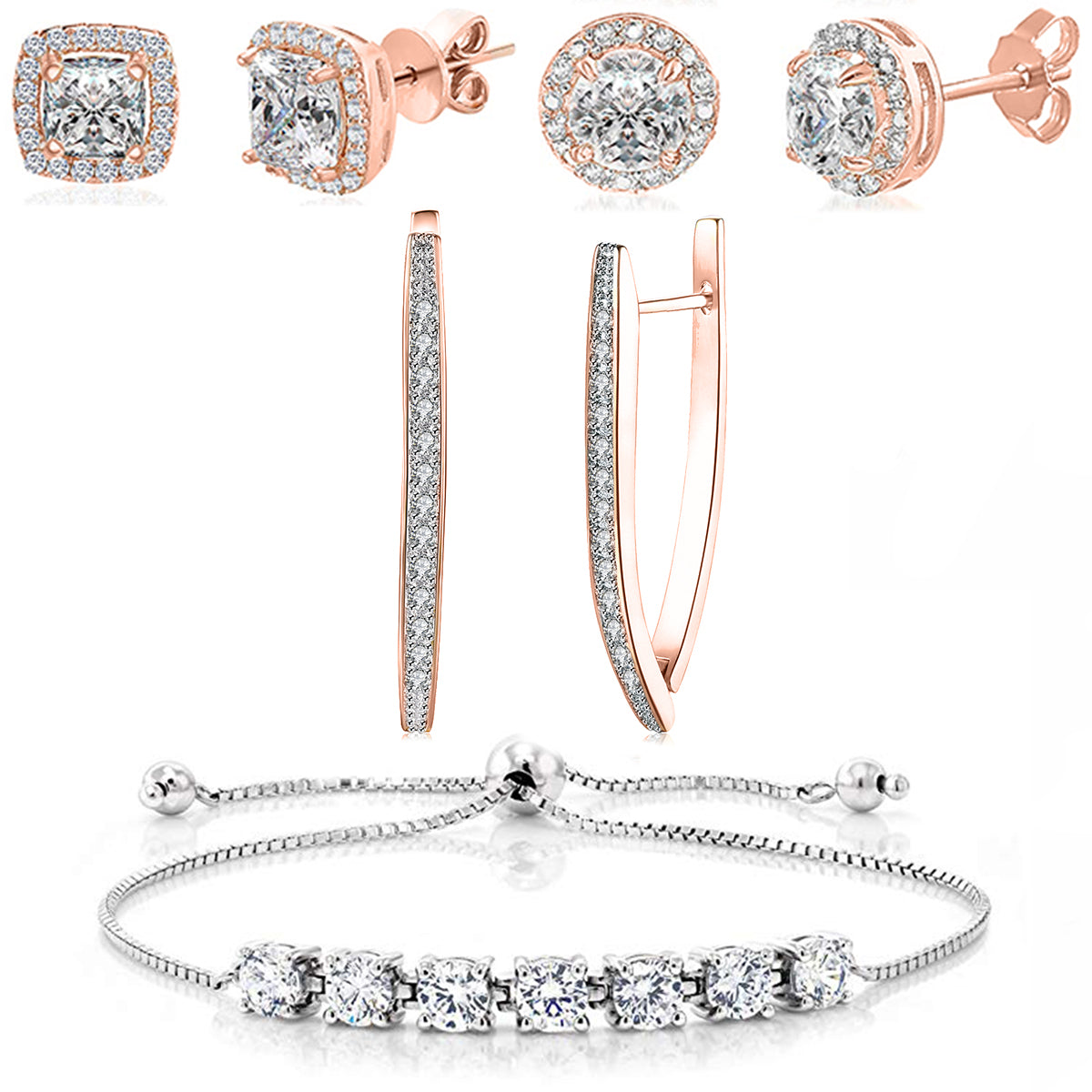 Rose Plated 4 Pack Set: Circle & Square Halo Stud Earrings