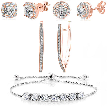 Rose Plated 4 Pack Set: Circle & Square Halo Stud Earrings
