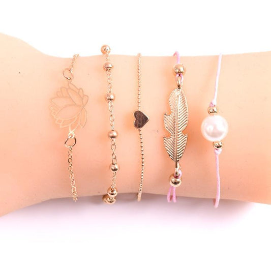 5 Piece Pink Pearl Bracelet Set