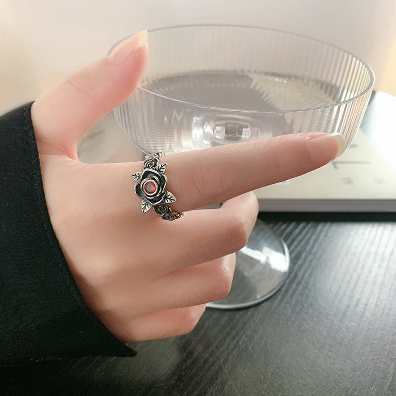 S925 Sterling Silver Red Zirconium Rose Thorn Chain Ring