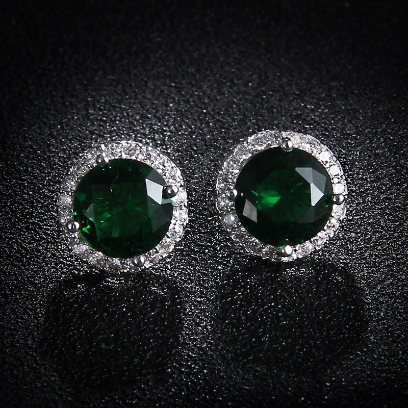 Round Sapphire Blue Red Stud Earrings AAA Zircon Inlaid Jewelry