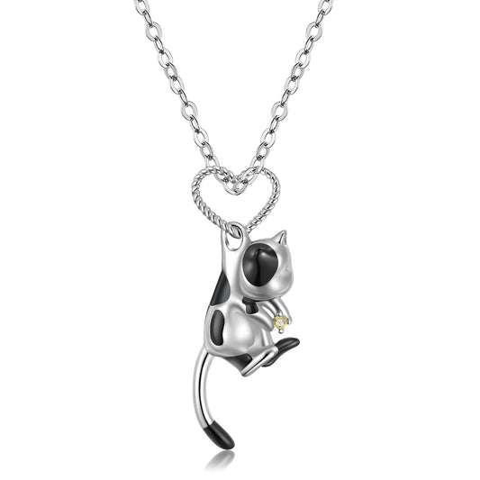 Cute 3D Cow Cat S925 Sterling Silver Necklace Girl Cute Forest Animal Necklace