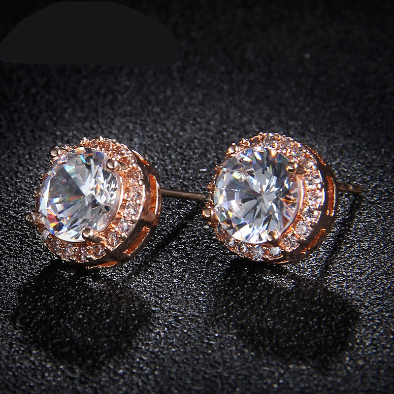 Round Sapphire Blue Red Stud Earrings AAA Zircon Inlaid Jewelry