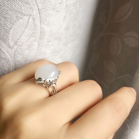 S990 Pure Silver Natural Hetian White Jade Retro Ethnic Style Lotus Leaf Flower Ring