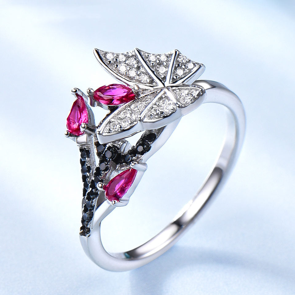Unique Butterfly Ring With Rubies And Black Spar