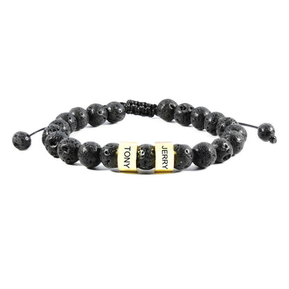 Stainless Steel Bead Bracelet Adjustable Black Lava Stone