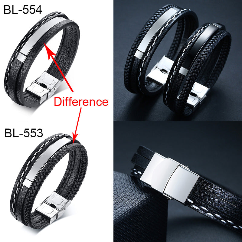 Glossy Stainless Steel Custom Leather Bracelets