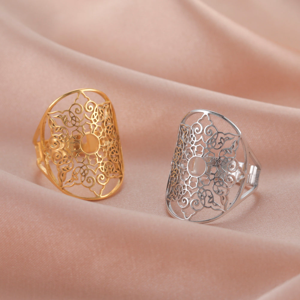 Vintage Stainless Steel Openwork Snow Petal Oval Ring