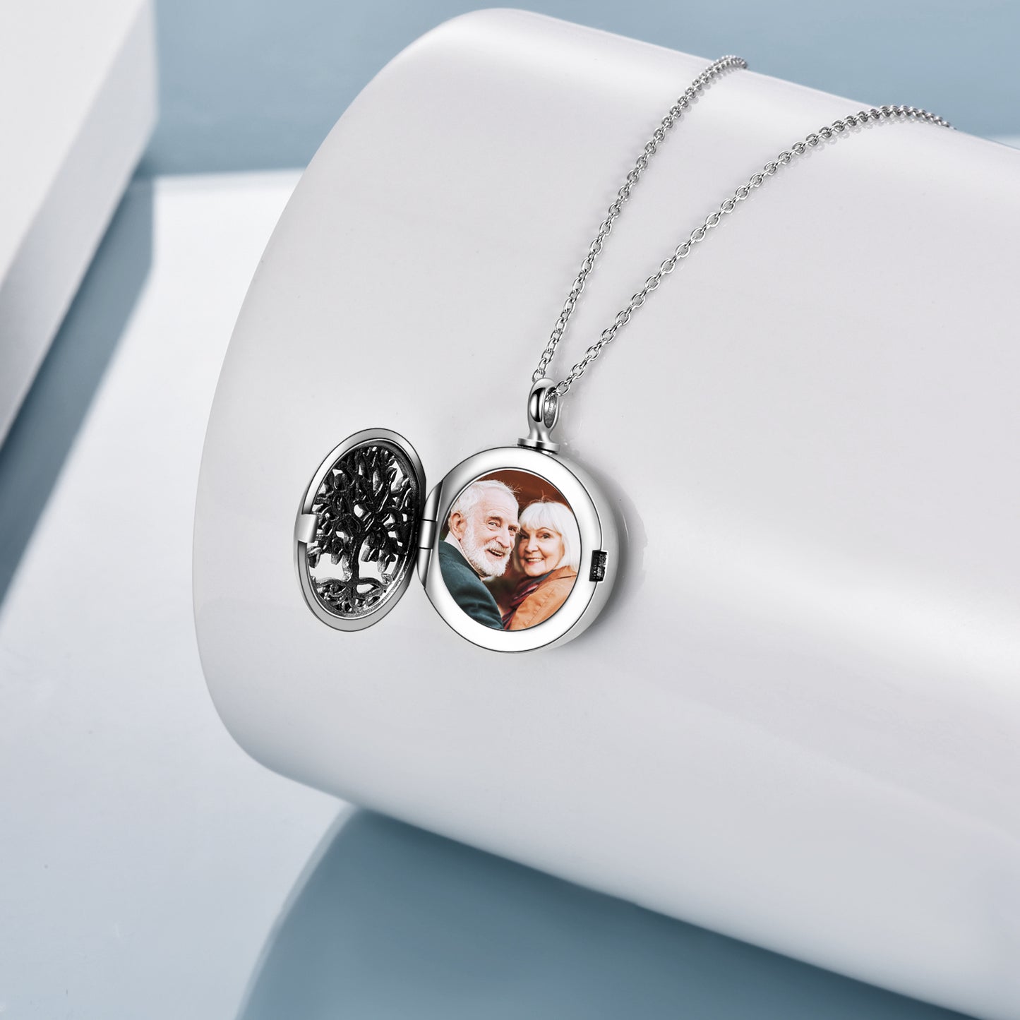 Sterling Silver Retro Tree of Life Photo Locket Urn Necklace
