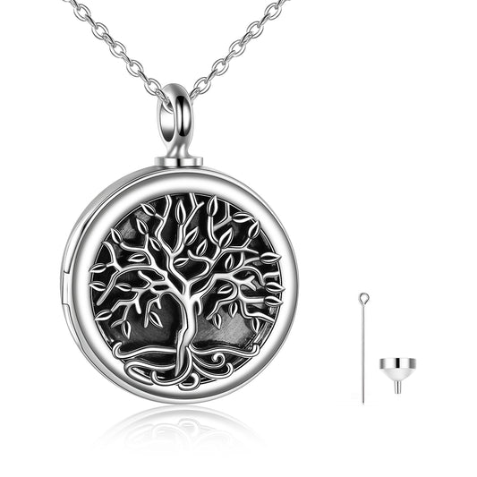 Sterling Silver Retro Tree of Life Photo Locket Urn Necklace