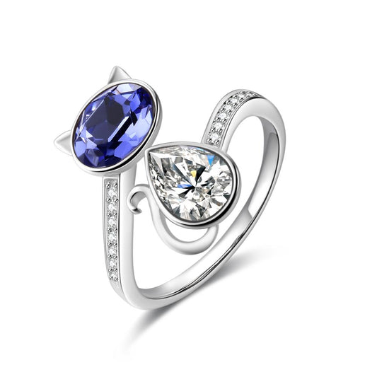 Cute Pet Adjustable Open Sterling Silver Cute Cat Ring