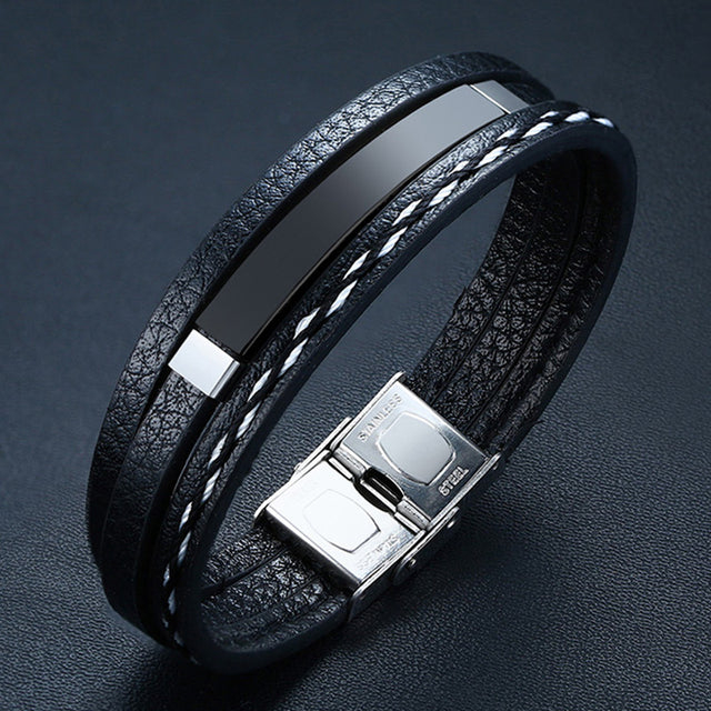 Glossy Stainless Steel Custom Leather Bracelets