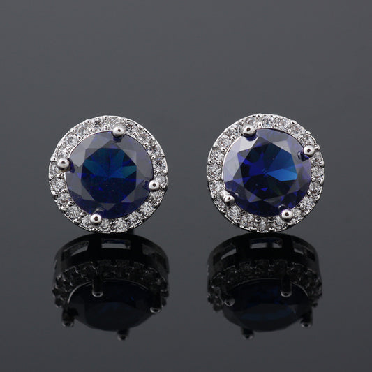 Round Sapphire Blue Red Stud Earrings AAA Zircon Inlaid Jewelry