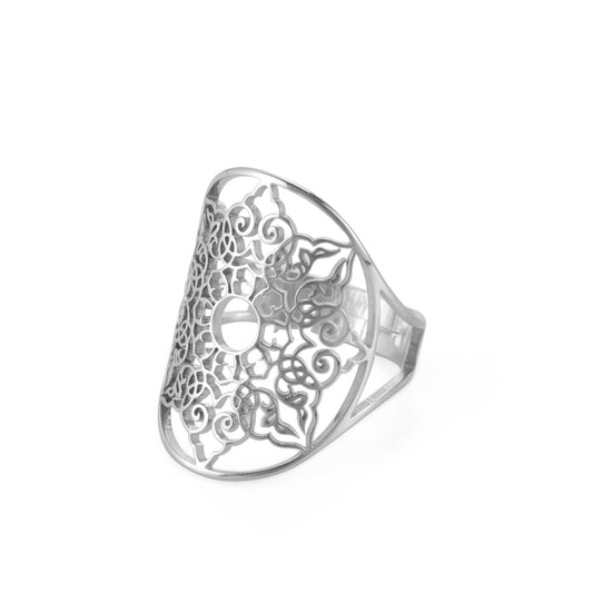 Vintage Stainless Steel Openwork Snow Petal Oval Ring