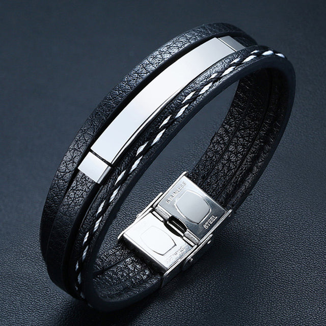 Glossy Stainless Steel Custom Leather Bracelets