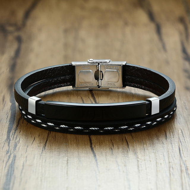 Glossy Stainless Steel Custom Leather Bracelets