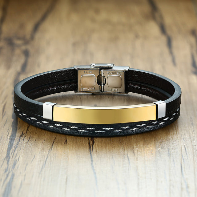 Glossy Stainless Steel Custom Leather Bracelets