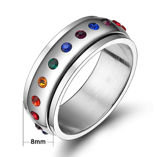 Rotating Spinner Ring for Women Rainbow Crystal Stone Stainless Steel