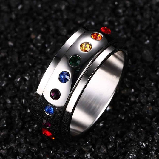 Rotating Spinner Ring for Women Rainbow Crystal Stone Stainless Steel