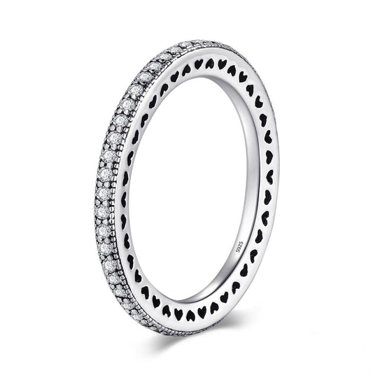 Sterling Silver Hearts Ring Clear CZ Fashion Stackable Vintage